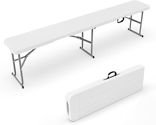 Miniatura 18 de VINGLI Banco plegable de plástico de 6 pies, asiento de picnic portátil para interiores y exteriores, campamento, comedor, actividades de Blanco