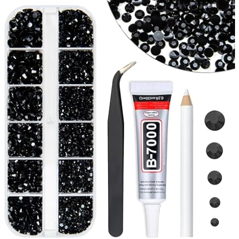 qiipii Pure Black Resin Rhinestones w B7000 Jewelry Glue for Bedazzling Crafting 2mm 3mm 4mm 5mm 6mm Flatback Jelly Stones Diamonds Gems Charms for Nails Face Eyes Makeup Body Tumblers Decor Crafts Cover