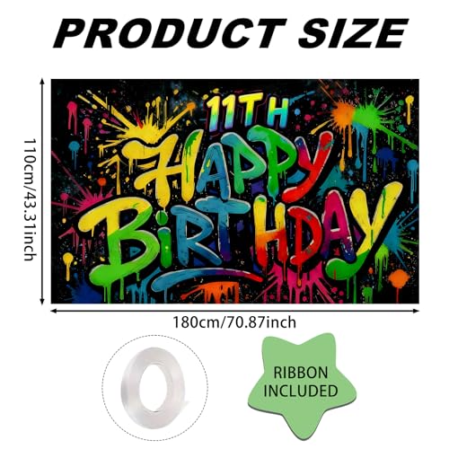 Image of Nuxovilar 11th Birthday Banner Polyester Graffiti Backdrop Decor 71 inchx43