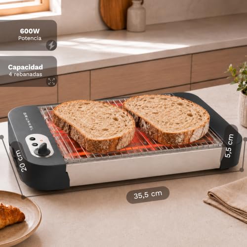 Miniatura 3 de Grunkel - Tostadora de pan plana para 4 rebanadas de 600w con 6 niveles de temporizador y señal acústica de finalización. Incluye bandeja recogemigas extraíble (Básico)