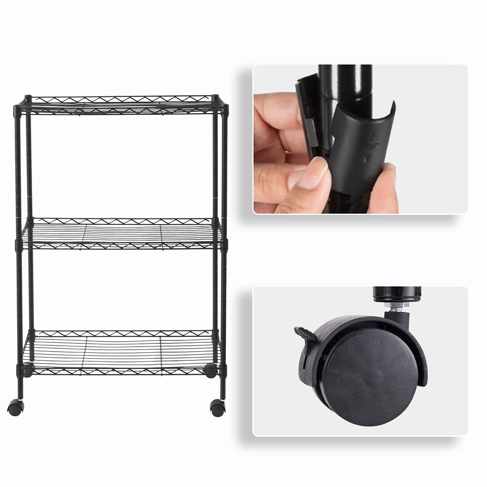 Scaffali regolabili in metallo a 3 ripiani su ruote, versatile scaffalatura in filo metallico per cucina, garage e dispensa, compatta, 40 cm x 22 cm x 71 cm, finitura nera