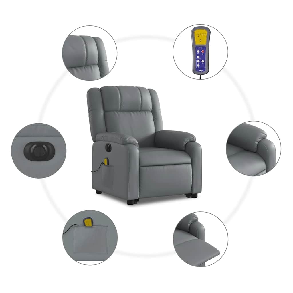 Sillón elevador eléctrico reclinable con masaje por vibración, color gris, de piel sintética, 6 puntos de masaje, función elevación e inclinación de 135 grados, estructura estable