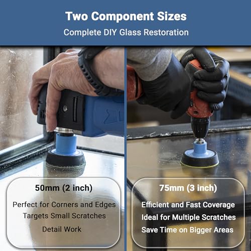 Image of GLASS POLISH DIY Glass Scratch Removal Deluxe Kit 2 inch & 3 inch - Effective Glass Polishing with Drill or Polisher, Repairs Deep Scratches, Removes Surface Damage and Restores Original Clarity & Shine
