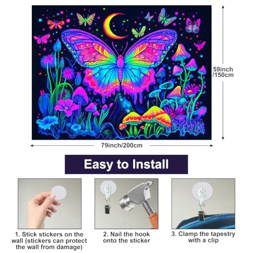 Image of BlissYard Neon Blacklight Tapestry Banner 79x59 Inch Butterfly Mushroom Moon Neon Tapestry Celestial Garden Aesthetic Bohemian Reactive Decor Decration Glow In The Dark Banners Decration Black Light Tapestries