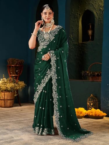 Image of SIRIL Women's Tissue Silk Sequence Embroidery Saree with Unstitched Blouse Piece