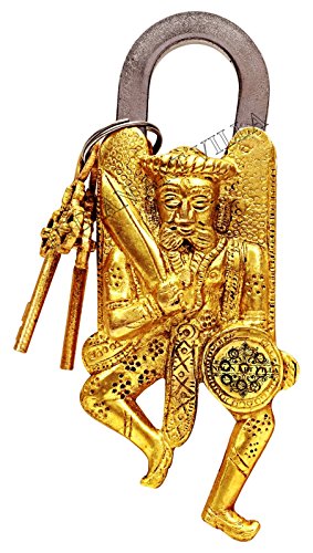 Image of Indian Art Villa Ancient Warrior Design Brass Pad Lock with 2 Keys, Door Lock Security Safety, Height 6 inch Inch, Gold