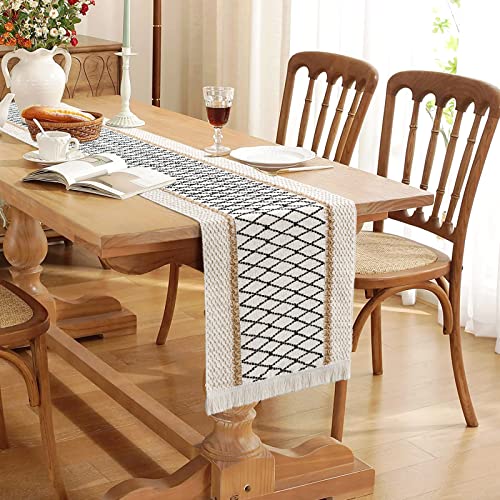 LOMOHOO Macrame Table Runner 12''x108''Cream Beige Boho Table Runners with Tassels,Hand Woven Cotton and Burlap Splicing Table Runners,Rustic Farmhouse Table Runner for Bohemian Kitchen Dining Tabl - Image 3