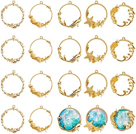 OLYCRAFT 20pcs Sea Theme Open Bezel Charms 5-Style Alloy Frame Pendants Color-Lasting Hollow Resin Frames with Loop for Resin Jewelry Making - Gold