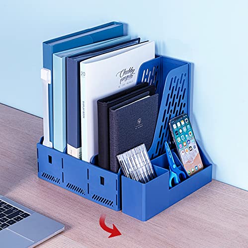 Image of wolpin File Organiser 3 Section Foldable Files Rack & 4 Compartments Stationey Holder Desk Organizer Paper Document Sorter Tray /Organizer Stand, ABS Plastic (25.5 x 32 x 27.5 cm), Blue