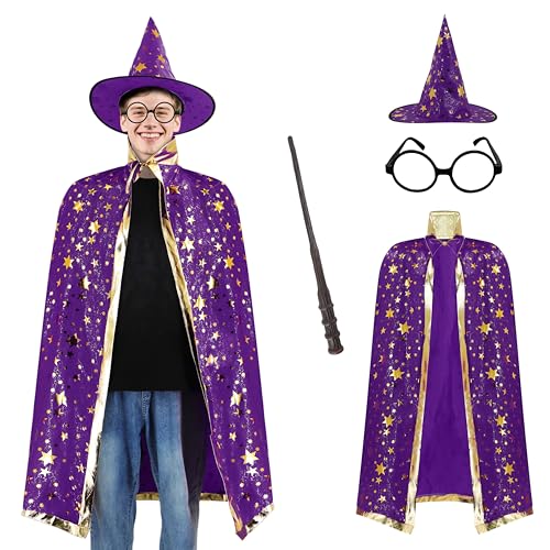 EDAUWAE Adult Wizard Cape Wizard Cloak Costume with Wizard Hat Wand and Eyeglasses for Halloween Cosplay