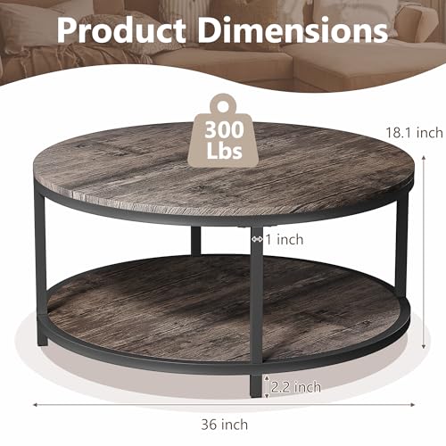 Image of Round Coffee Table 36 inch, 2-Tier Living Room Center Table with Storage Shelf, Rustic Wood Top & Sturdy Metal Frame, Modern Coffee Table for Family, Spacious Rooms, and Home Furniture (Light Walnut)