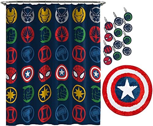 Jay Franco Marvel Avengers Shields 14 Piece Bathroom Set - Includes Shower Curtain, 12 Hooks, & Non-Slip Bath Rug - Easy Care Fabric (Official Marvel Product)