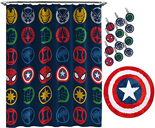 Jay Franco Marvel Avengers Shields 14 Piece Bathroom Set - Includes Shower Curtain, 12 Hooks, & Non-Slip Bath Rug - Easy Care Fabric (Official Marvel Product)