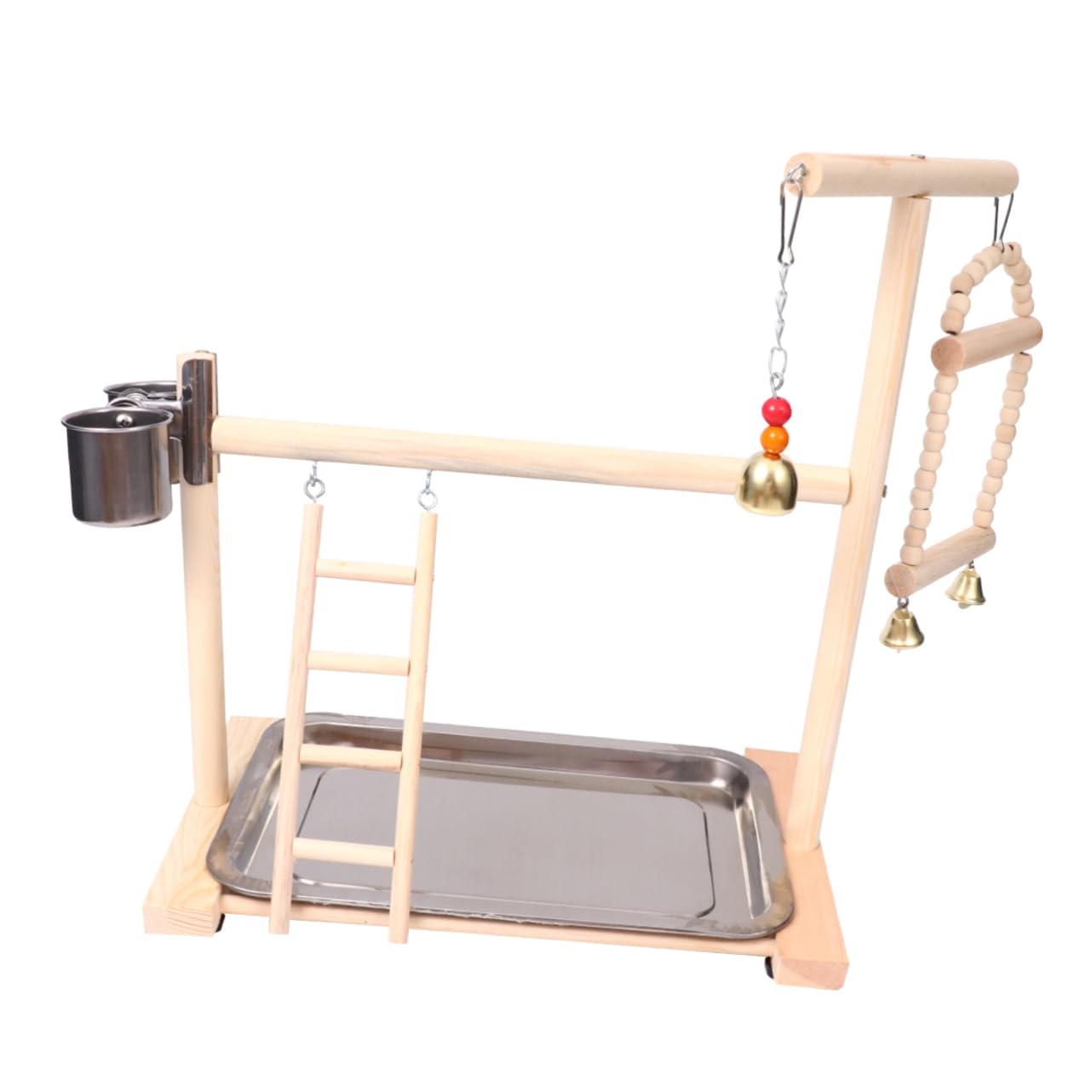 Parco Giochi Per Pappagalli in Legno Ciotola in Acciaio Inox Scala Ponte Sospeso Anello Campana Giocattolo Per Uccelli Altalena Giocattolo Per Pappagallo