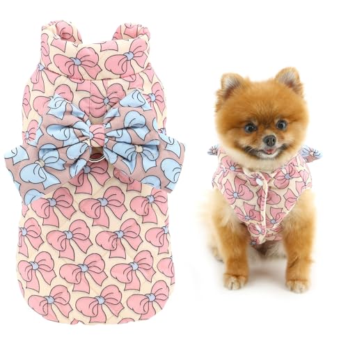 SMALLLEE_LUCKY_STORE 犬 服 秋冬 ペット服 コートフリース裏地 犬用ジャケット ベスト 防寒服 蝶結び柄 Dリング付き 超小型犬 小型犬 子犬 猫服 チワワ服 部屋着 犬ウェアー お散歩 お出かけ 犬用コスチューム,ピンク,XS