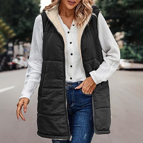 Women Winter Hooded Reversible Long Vest Sleeveless Fleece Lined Down Jacket Zip Up Long Puffer Vest Warm Windbreaker2