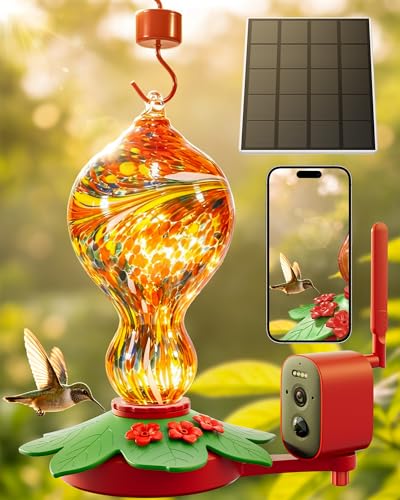 Hummingbird Feeder with Camera 2.5K 5MP Solar-Powered Glass Bottle Smart Humming Bird Feeder with AI Recognition Upgraded Leak-Proof & Ant Moat Instant Alerts Works with Alexa & Google Assistant
