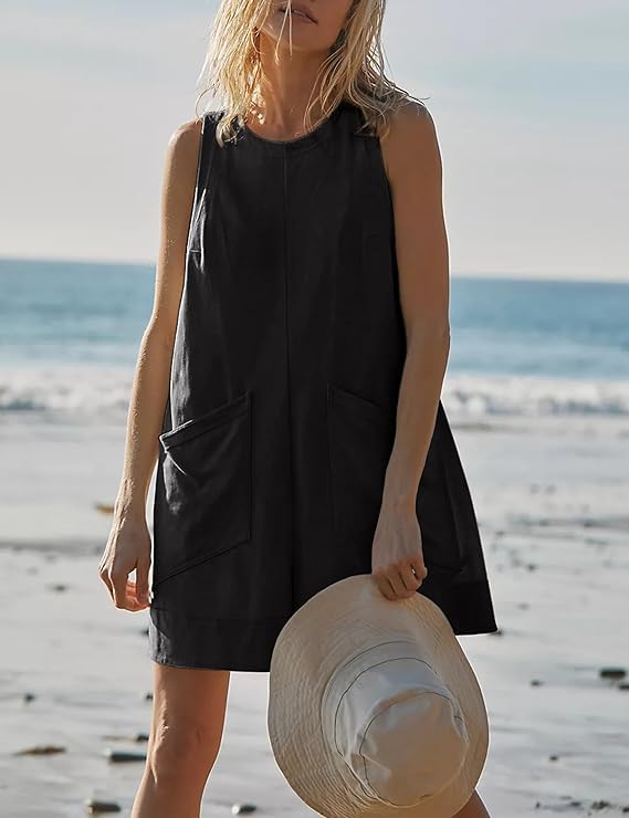 Haibang Jumpsuit Elegante Mono Mujer Verano Corto Sin Mangas Cuello Redondo Peto Casual