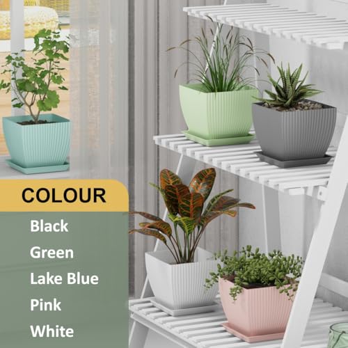 Image of HOMIFLY 5 Pack Plastic Square Flower Pots with Drainage & Bottom Tray /Lightweight, UV & Weather Resistant /6.5 Inch Planters for Indoor /Outdoor /Home /Balcony /Terrace /Garden Plant Pots (Sky Blue)
