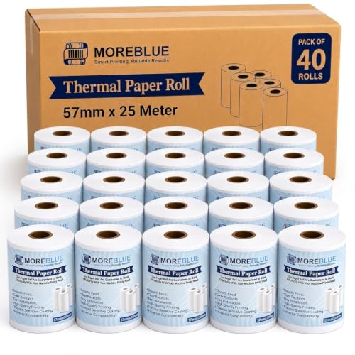 Image of MOREBLUE Pack of 40 57mm x 25m Direct Thermal Receipt Paper Rolls, Premium Ink-Free POS Billing Rolls for Credit Machines, Food Billing, ATM & Petrol Pump Receipts
