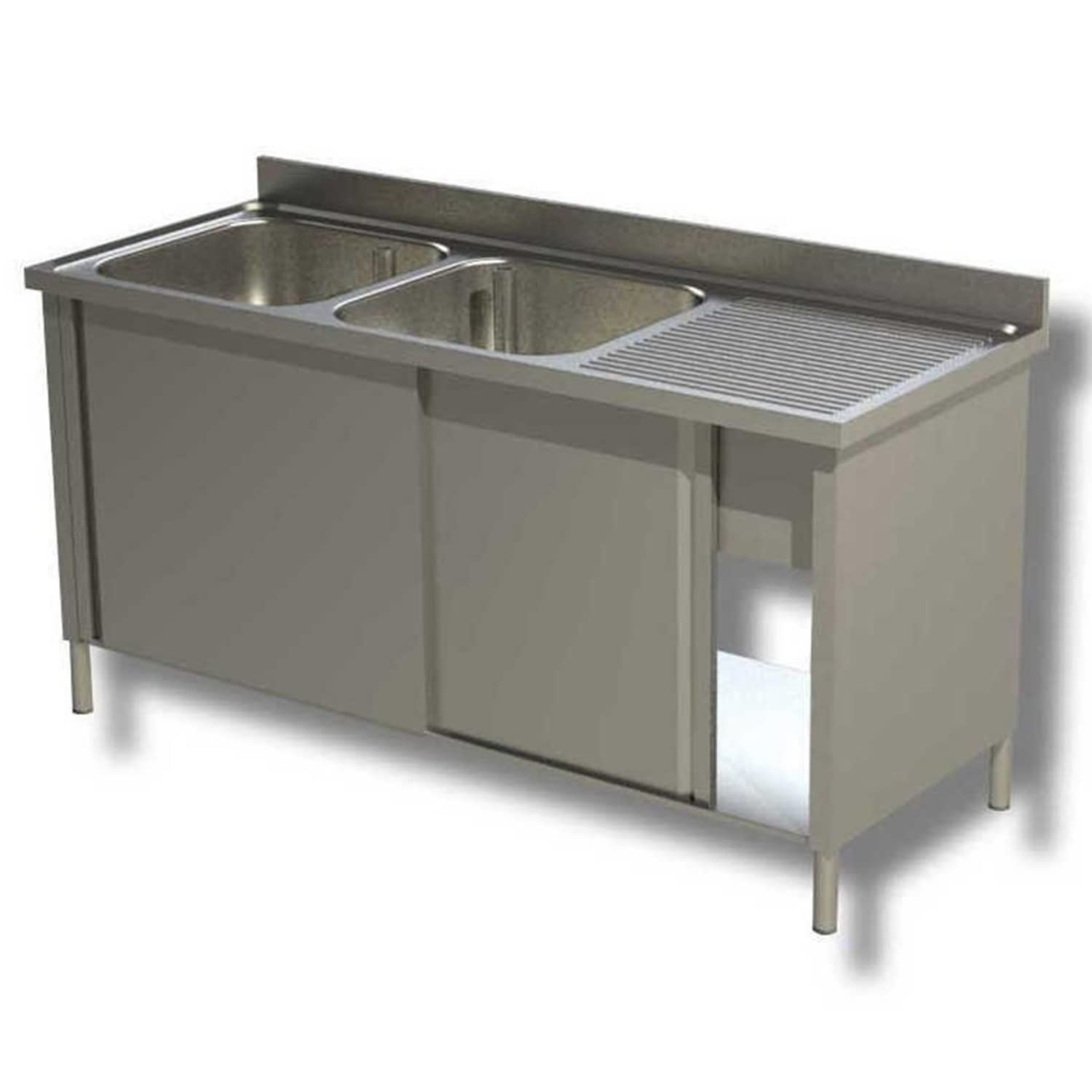Ristoattrezzature Lavello Armadiato in Acciaio Inox - Professionale, per Cucine Ristoranti e Pizzerie - 2 Vasche, Gocciolatoio a Dx e 2 Porte Scorrevoli - 180x70x85h cm