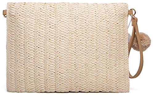 Image of Straw Clutch Women Hand-woven PomPom Crossbody Bag Summer Beach Envelope Purse Wallet