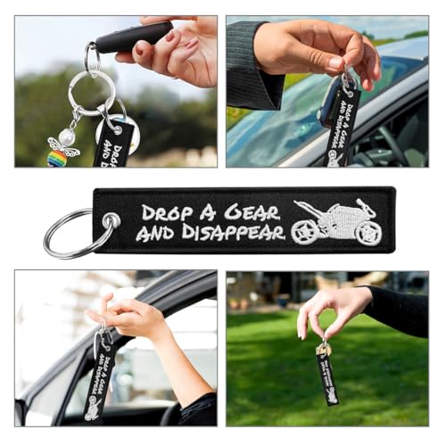 Image of Personalized Keychain, Embroidery Double Sided Key Chain Tag, Customized Car Scooter Key Chain Luggage Tag for Men (DROP A GEAR)