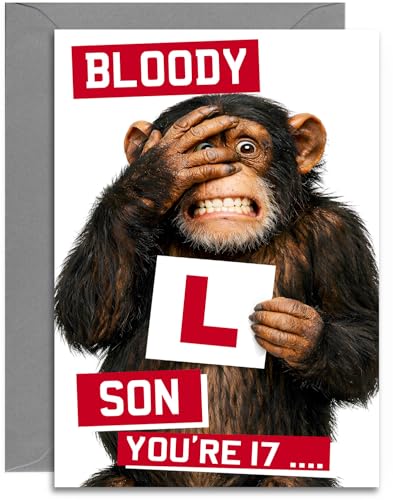 17th Son Funny Bloody L Birthday Card - Age 17 Chimp with L Plate design - A5 Size Card with Grey Envelope Made in UK