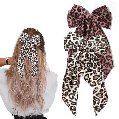 Leopard Print Long Tail Hair Bow Clips - 2Pcs Handmade Ribbon Satin Oversized Bow Metal Barrettes Ponytail Ribbons Butterfly Acc