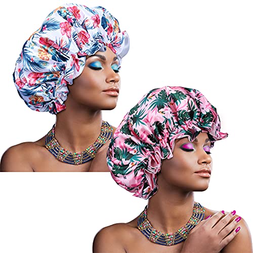 2 Pieces Large Satin Bonnet Summer Sleep Cap Hair Loose Cap Large Silk Bonnet Cute Reversible Adjustable Bonnets Double Layer for Braid Long Natural Hair