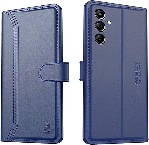 Image of AIBEX Compatible for Samsung M14 5G Flip Cover Leather Finish | Inside TPU with Card Pockets | Wallet Stand | Complete Protection Flip Case - Blue