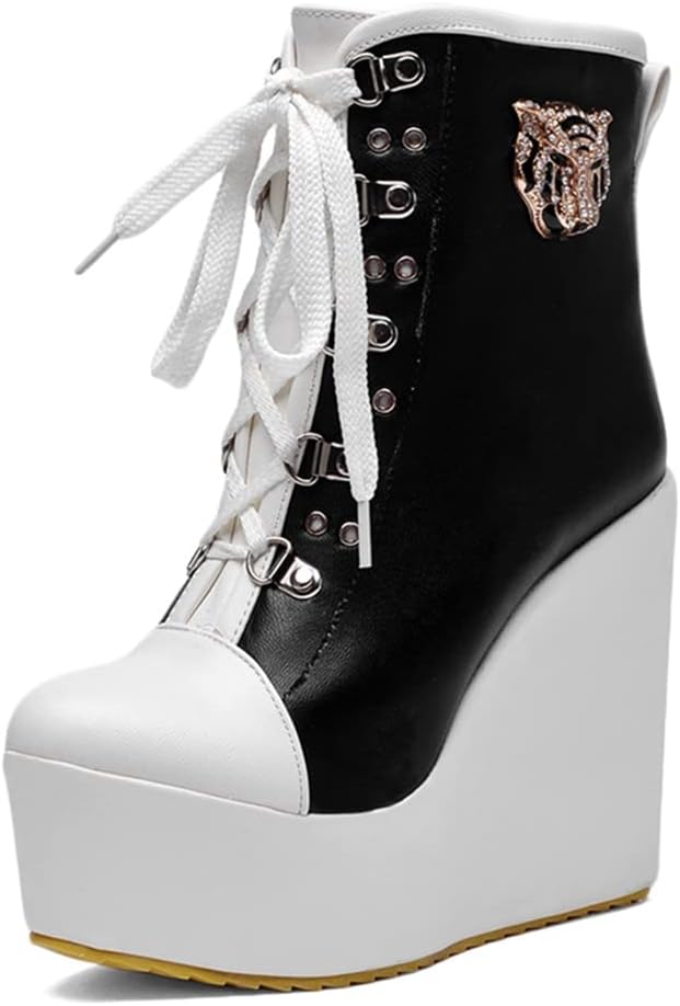 Women's Round Toe Wedge Platform Dress Ankle Boots Lace Up Chunky High Heels Dressy Short Booties