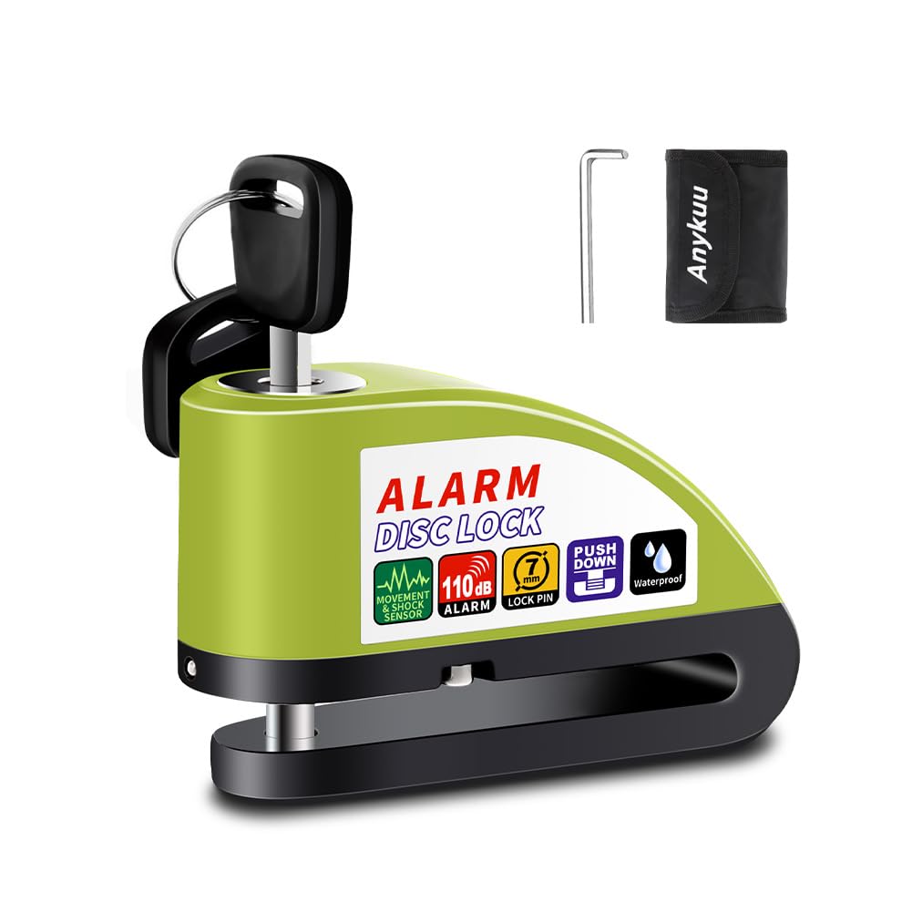 Anykuu Bremsscheibenschloss Motorradschloss Alarm 110 dB Laute Scheibenschloss Bremsschloss mit 1.5m Erinnerungskabel und Schlosstasche Alarmschloss Für 7mm Dick Bremsscheibe Motorrad Fahrrad