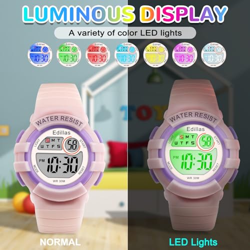 Image of Edillas Kids Watches Digital Girls Boys, 7 Colors Light Wrist Watch for Child Waterproof Sport Outdoor Multifunctional Wristwatches with Stopwatch /Alarm for Ages 4-15