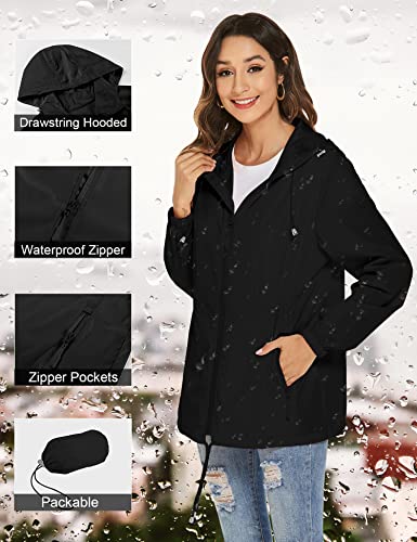 Rapbin Damen Jacke Übergangsjacke Wasserdicht Winddicht Faltbare Regenjacke Leicht Dünne Faltbare Regenmantel(Schwarz,XXL)