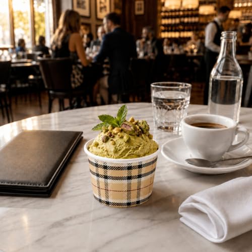 Image of Restaurantware Coppetta 4-Ounce Dessert Cups, 200 Disposable Ice Cream Cups - Lids Sold Separately, Heavy-Duty, Plaid Paper Frozen Yogurt Bowls, For Hot And Cold Foods