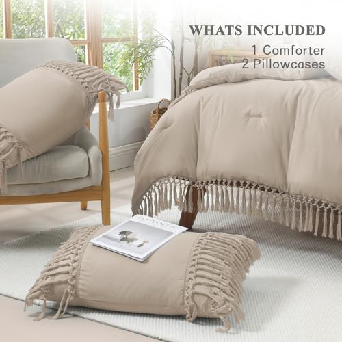 Image of Andency Comforter King Size Set Khaki, 3 Pieces Boho Tassel Lightweight Fluffy Bedding Comforters & Sets, Soft All Season Bed Set (104x90In Comforter & 2 Pillowcases)