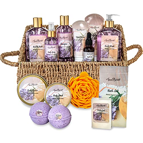 Bath Spa Gift Sets - Luxury Basket With Honey & Lavender - Spa Kit Includes Wash, Bubble Bath, Lotion, Bath Salts, Body Scrub, Body Spray, Shower Puff, Bathbombs, Soap and Towel