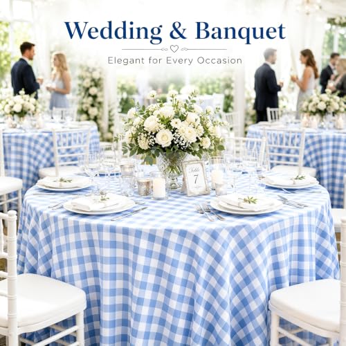 Image of WNINK 4 Pack Blue Gingham Round Tablecloth, 84 Inch Disposable Plastic Table Covers, Blue Checkered Round Table Cover for Birthday Parties, Holiday, Picnic, BBQ, Family Gathering Party Supplies
