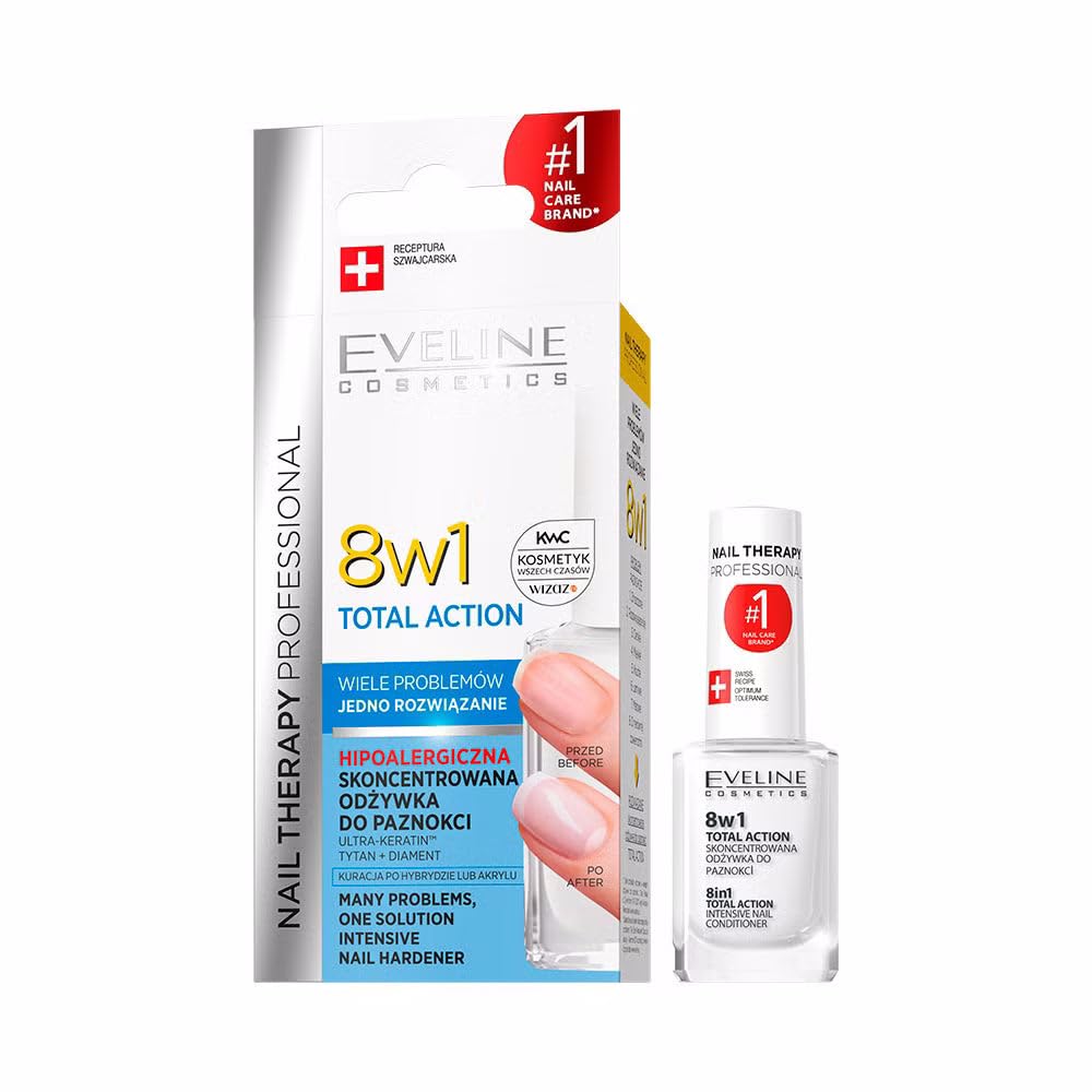 Eveline Cosmetics 8in1 Total Action Concentrated Hardening and Strengthening Nail Conditioner, 12 ml (Packaging may vary)