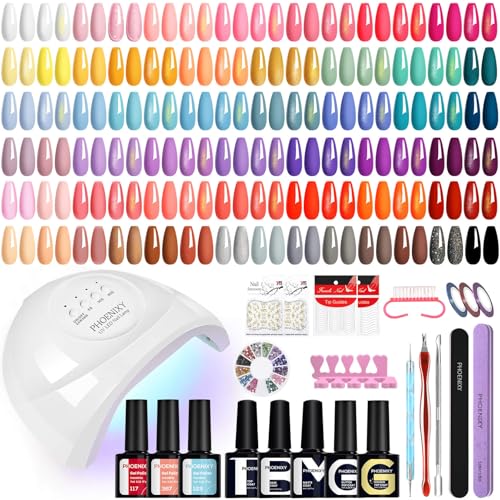 Phoenixy 60Pcs Gel Nail Polish Set, 55 Colours Gel Nail Kits with UV Lamp, Gels Polishes for All Seasons with Base Top Matte Glitter Golden Coat Nails Art Gift Set for Manicure Lovers