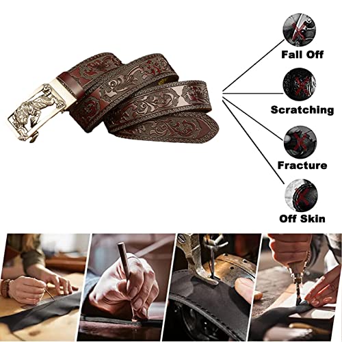 Ratchet Embossed Leather Belt For Men - Silvery Animal Auto Click Sliding Buckle, Adjustable Handmade Waist Strap3