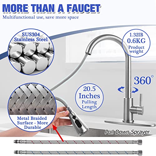 Satinless Steel 304 Kitchen Sink Faucet With Pull Down Spray Outdoor Rv Kithcne Faucet Pull Out Extension Utility Farmhouse Faucets For Sink 1/3 Hole,Single Handle Rent Apartment Dorm Kitchen Faucet #TOP2