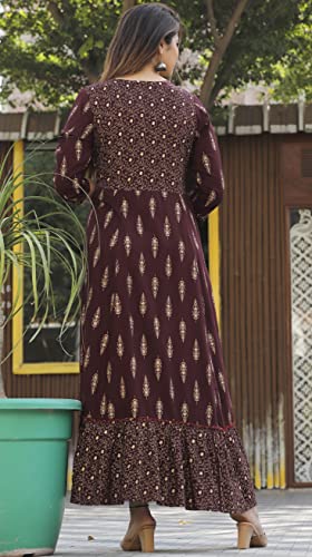 Image of Manbhar Fashion Embroidered Gown Women's Rayon Anarkali Gold Printed Kurti Floral Dress Gown Women Printed Pure Rayon Flared Kurta