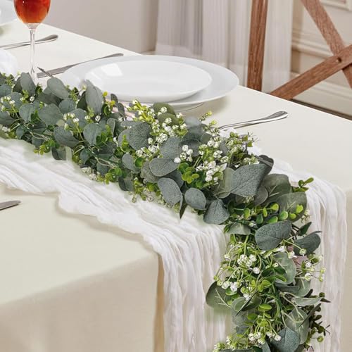 SEBOVIM 2Pcs Eucalyptus Garland 5.9FT Artificial Greenery Garland with Flowers Faux Christmas Eucalyptus Leaves Vines for Wedding Flower Arch Garden Table Decoration
