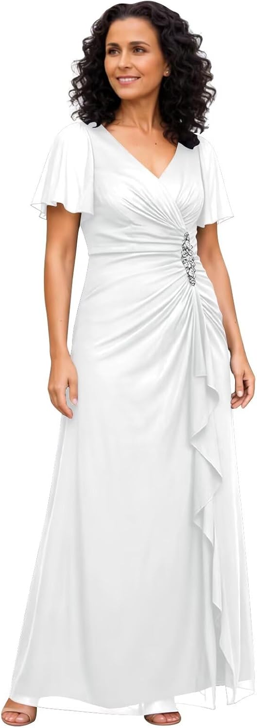 Chiffon Beaded Mother of The Bride Dresses for Women Flutter Sleeve Wedding Guest Dress V Neck Formal Gowns