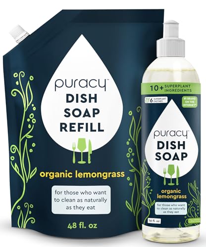 Puracy Natural Dish Soap Refill - Skin-Softening Plant-Based Liquid Dishwashing Detergent Soap, Clean-Rinsing Water-Sheeting Formula (Organic Lemongrass, 16+48 fl oz)