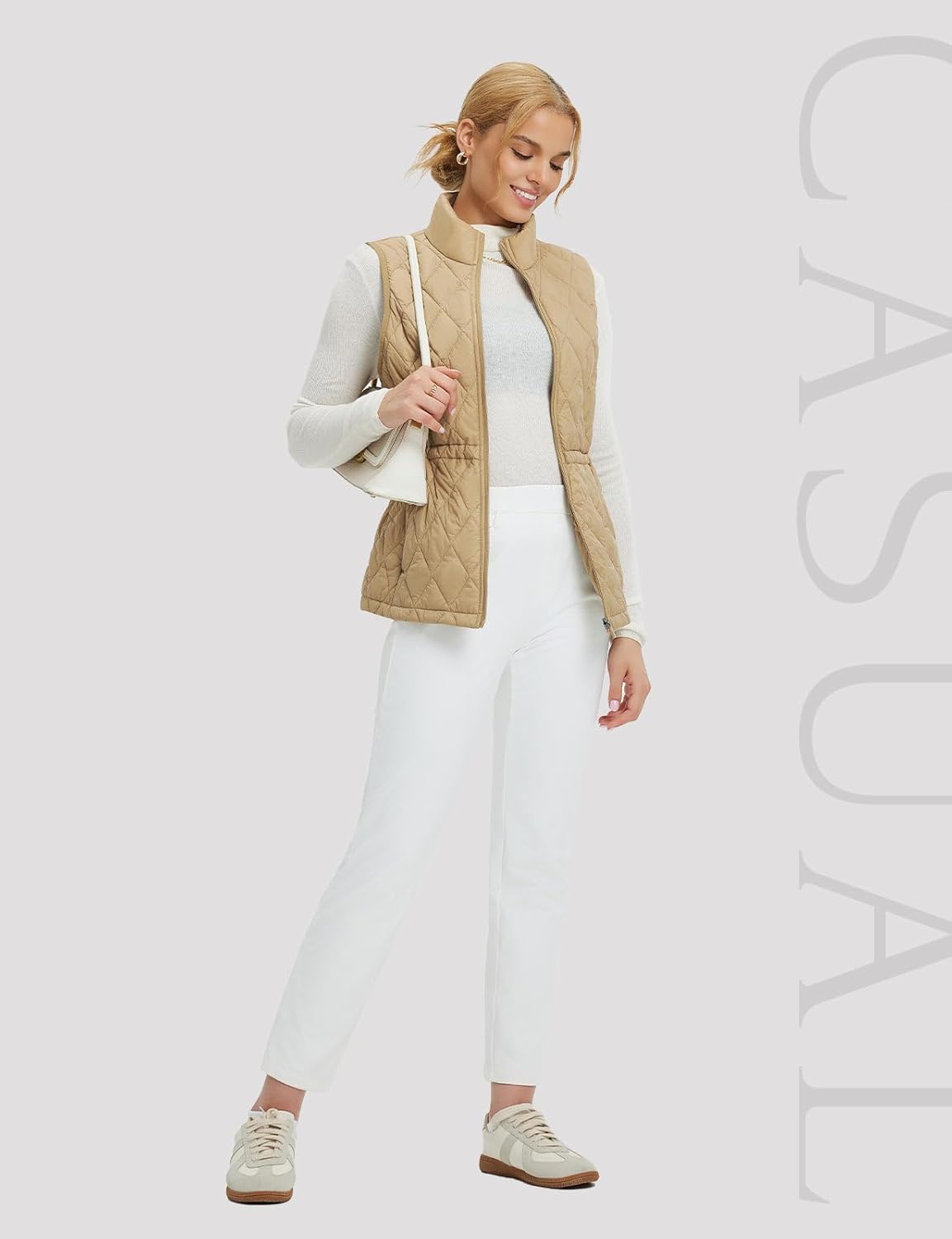 baleaf Women's Puffer Drawstring Vest Lightweight Winter Warm Stand Collar Quilted Golf Vests Water Resistant Zip Pockets - Image 3