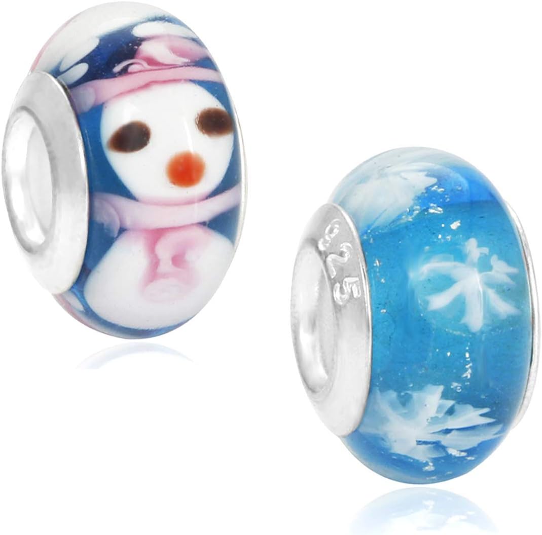 LaBenie Set of 2 Snowman and Snowflakes Murano Glass Charm Bead