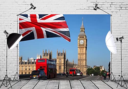 BELECO Big Ben Backdrop 7x5ft Fabric London Street Backdrop British Flag England Parliament House Buildings UK Photo Backdrop British Party Decorations Europe Travel Portrait Photoshoot Props